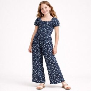 Nordstrom Floral Smocked Square Neck Puff Sleeve Jumpsuit Girls L Blue Cottage